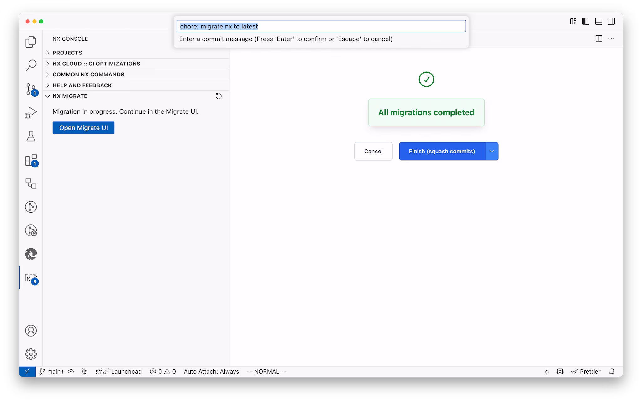Screenshot of Migrate UI in Nx Console showing finalizing the migration with a commit message.